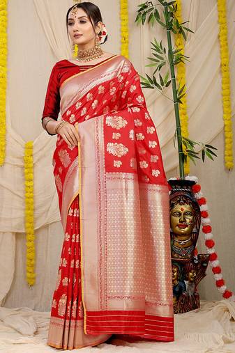 Red banarasi silk blend saree with zari floral weaving & rich pallu