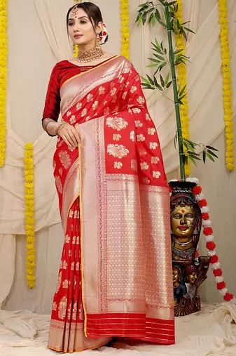 Red banarasi silk blend saree with zari floral weaving & rich pallu