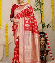 Red banarasi silk blend saree with zari floral weaving & rich pallu