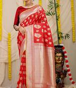 Red banarasi silk blend saree with zari floral weaving & rich pallu