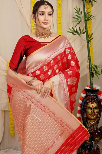 Red banarasi silk blend saree with zari floral weaving & rich pallu