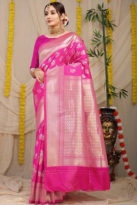 Rani pink banarasi silk blend saree with zari floral weaving & rich pallu 1