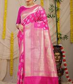 Rani pink banarasi silk blend saree with zari floral weaving & rich pallu