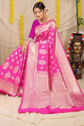 Rani pink banarasi silk blend saree with zari floral weaving & rich pallu
