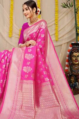 Rani pink banarasi silk blend saree with zari floral weaving & rich pallu 3