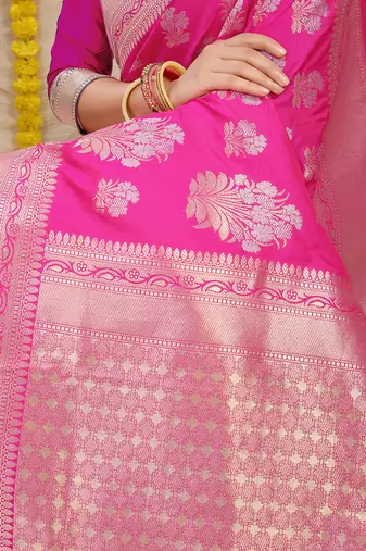 Rani pink banarasi silk blend saree with zari floral weaving & rich pallu