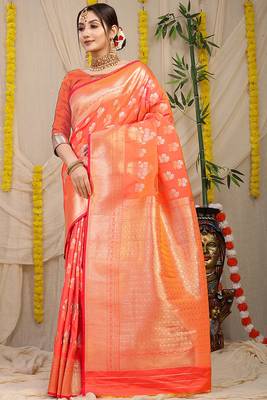 Peach orange banarasi silk blend saree with zari floral weaving & rich pallu 1