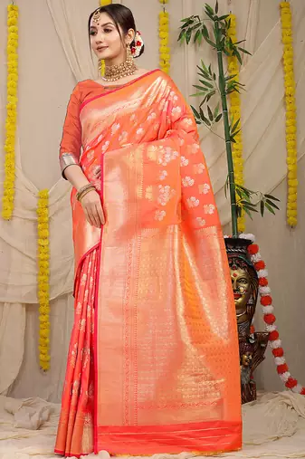 Peach orange banarasi silk blend saree with zari floral weaving & rich pallu