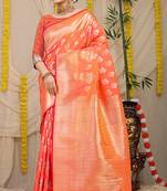 Peach orange banarasi silk blend saree with zari floral weaving & rich pallu