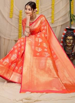 Peach orange banarasi silk blend saree with zari floral weaving & rich pallu 3