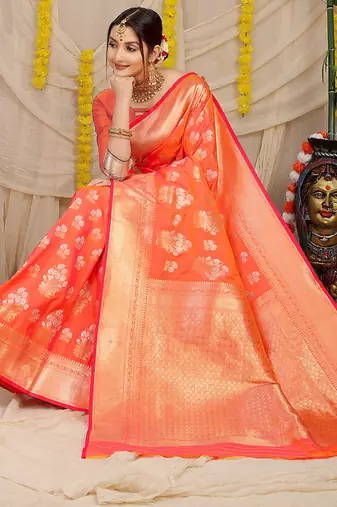 Peach orange banarasi silk blend saree with zari floral weaving & rich pallu