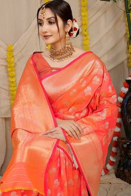 Peach orange banarasi silk blend saree with zari floral weaving & rich pallu 4
