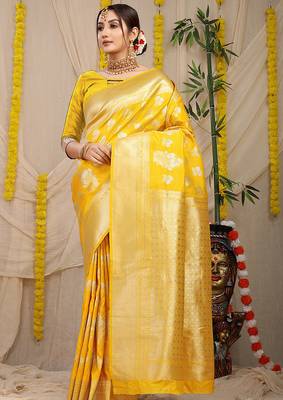 Yellow banarasi silk blend saree with zari floral weaving & rich pallu 1