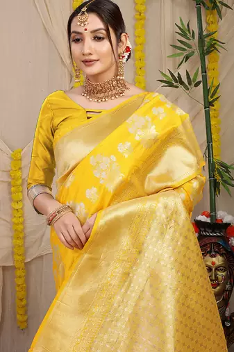 Yellow banarasi silk blend saree with zari floral weaving & rich pallu