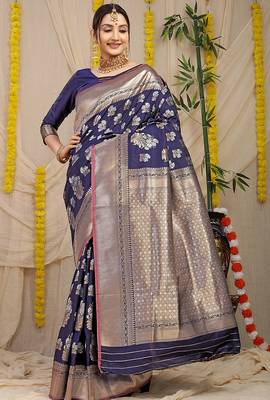 Navy blue banarasi silk blend saree with zari floral weaving & rich pallu 1