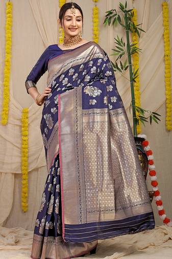 Navy blue banarasi silk blend saree with zari floral weaving & rich pallu