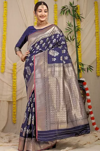 Navy blue banarasi silk blend saree with zari floral weaving & rich pallu