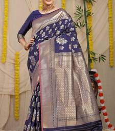 Navy blue banarasi silk blend saree with zari floral weaving & rich pallu