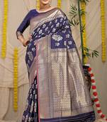 Navy blue banarasi silk blend saree with zari floral weaving & rich pallu