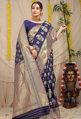 Navy blue banarasi silk blend saree with zari floral weaving & rich pallu 2