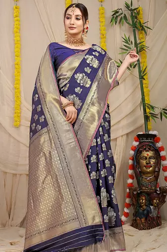Navy blue banarasi silk blend saree with zari floral weaving & rich pallu