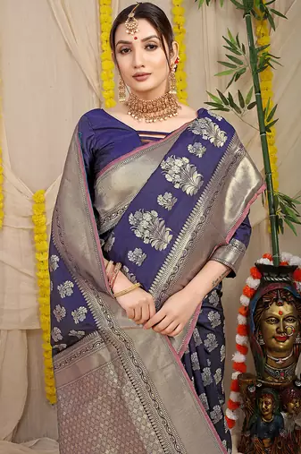Navy blue banarasi silk blend saree with zari floral weaving & rich pallu