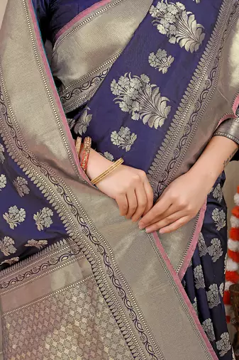 Navy blue banarasi silk blend saree with zari floral weaving & rich pallu