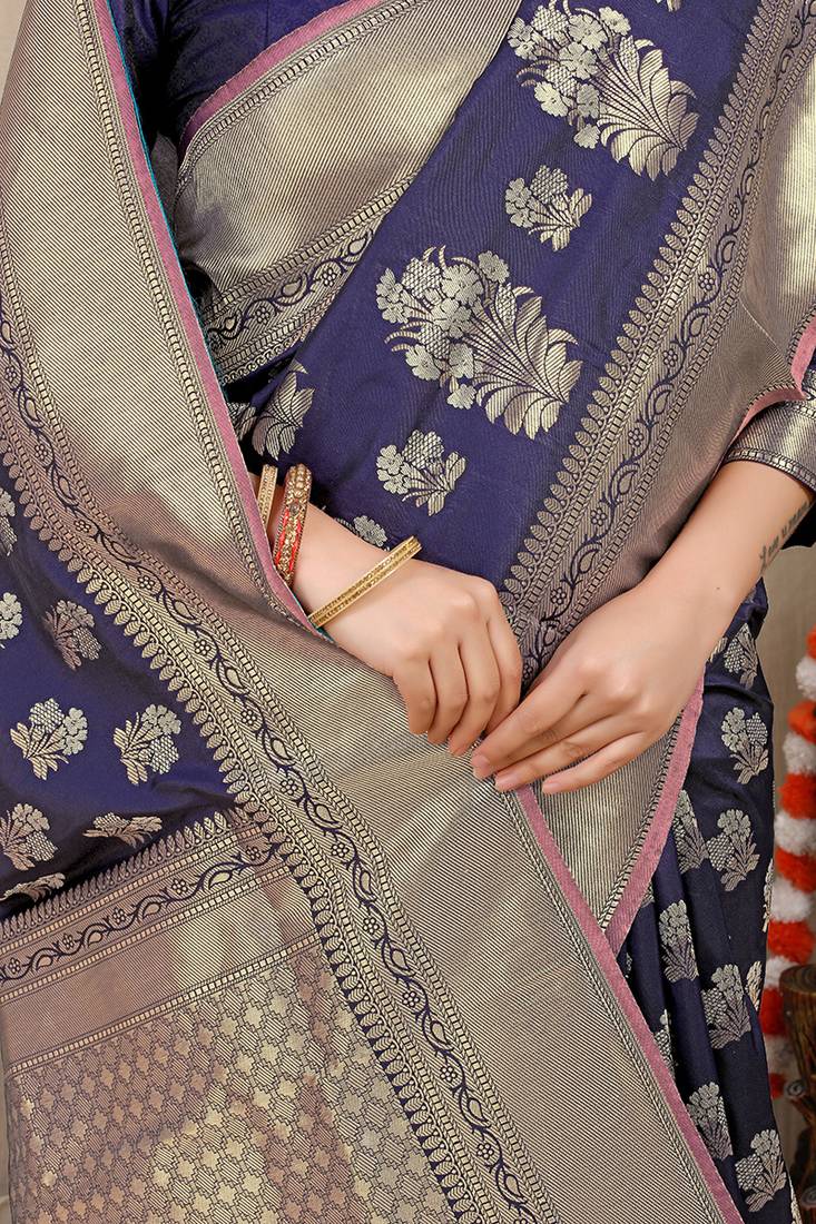 Navy blue banarasi silk blend saree with zari floral weaving & rich pallu