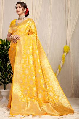Mustard yellow banarasi silk blend saree with rich gold zari floral weaving 1
