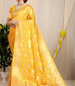 Mustard yellow banarasi silk blend saree with rich gold zari floral weaving