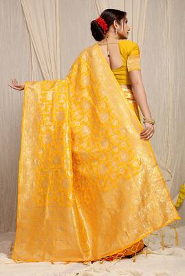 Mustard yellow banarasi silk blend saree with rich gold zari floral weaving 2