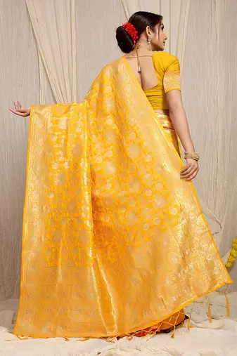 Mustard yellow banarasi silk blend saree with rich gold zari floral weaving