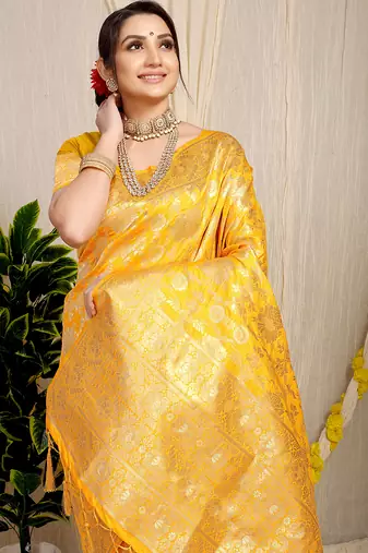 Mustard yellow banarasi silk blend saree with rich gold zari floral weaving