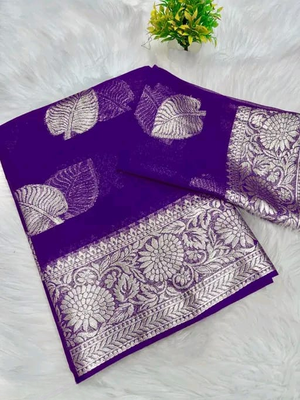 Purple Color zari Weaving Work Jaquard Saree 2