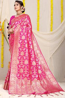 Rani pink banarasi silk blend saree with rich gold zari floral weaving 1