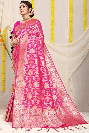 Rani pink banarasi silk blend saree with rich gold zari floral weaving