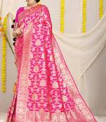 Rani pink banarasi silk blend saree with rich gold zari floral weaving
