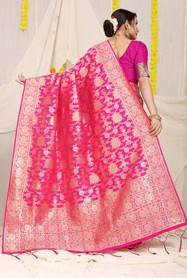 Rani pink banarasi silk blend saree with rich gold zari floral weaving 2