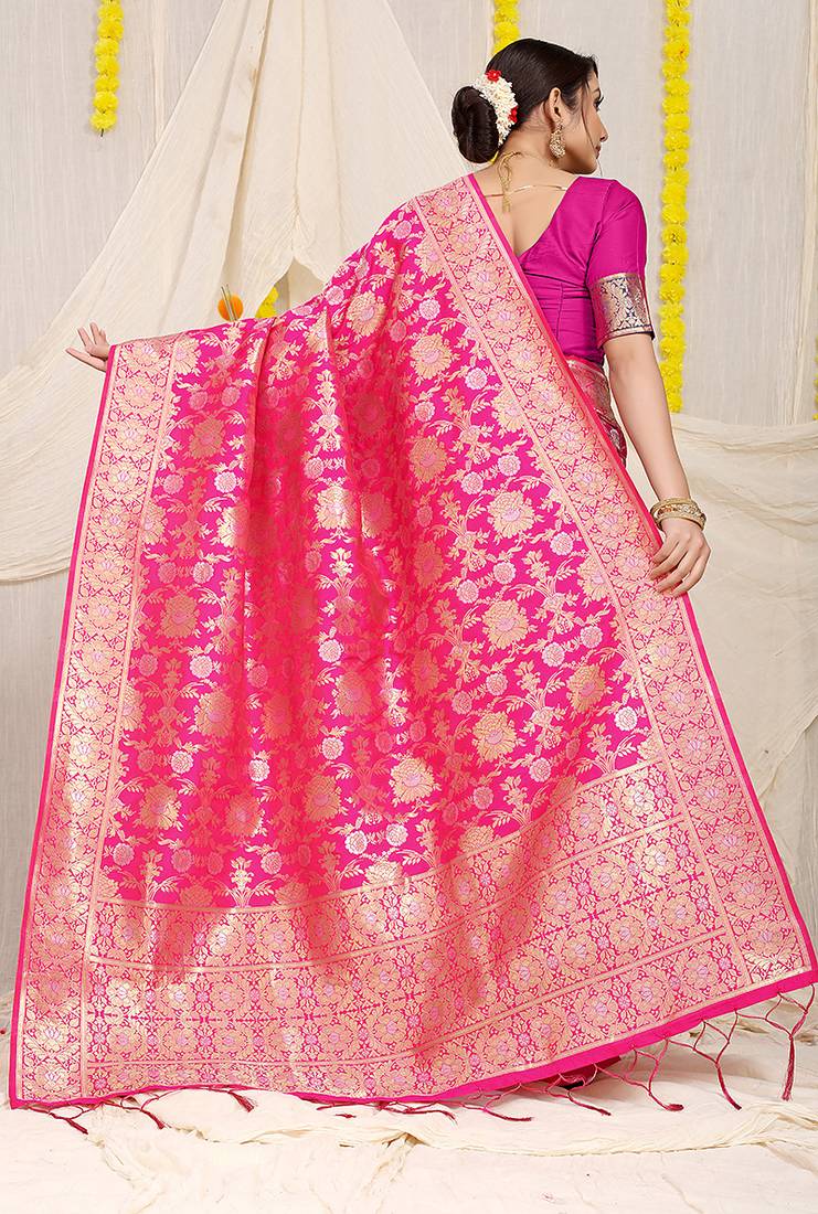 Rani pink banarasi silk blend saree with rich gold zari floral weaving