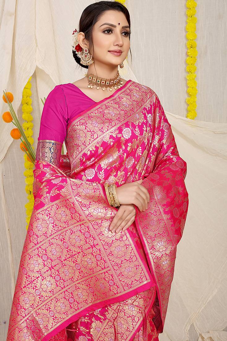 Rani pink banarasi silk blend saree with rich gold zari floral weaving
