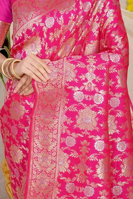 Rani pink banarasi silk blend saree with rich gold zari floral weaving 4