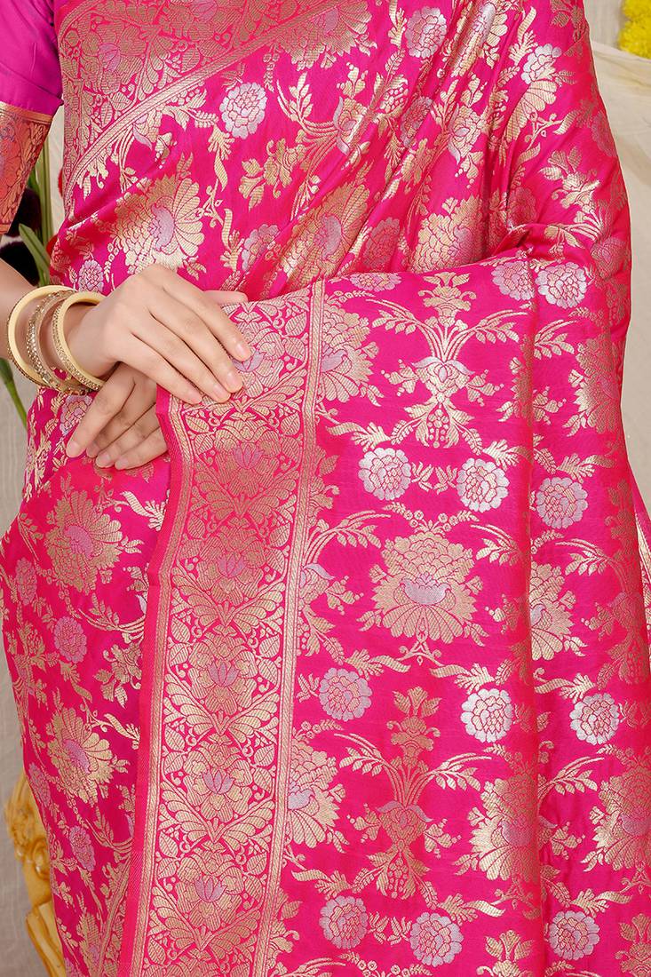 Rani pink banarasi silk blend saree with rich gold zari floral weaving