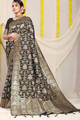 Black banarasi silk blend saree with rich gold zari floral weaving 1