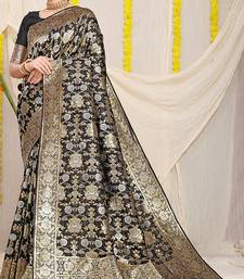 Black banarasi silk blend saree with rich gold zari floral weaving