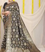 Black banarasi silk blend saree with rich gold zari floral weaving