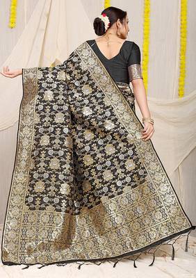 Black banarasi silk blend saree with rich gold zari floral weaving 2