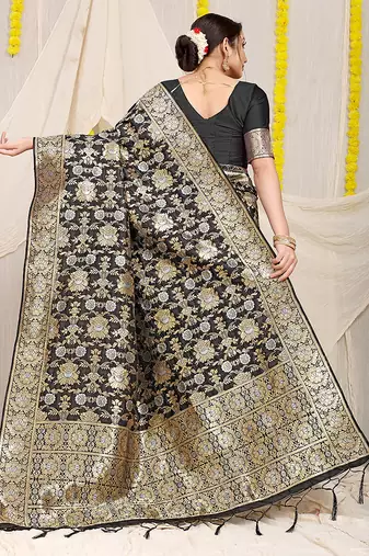 Black banarasi silk blend saree with rich gold zari floral weaving