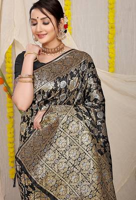 Black banarasi silk blend saree with rich gold zari floral weaving 3
