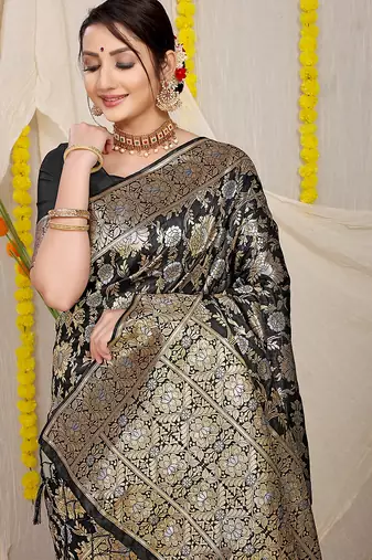Black banarasi silk blend saree with rich gold zari floral weaving