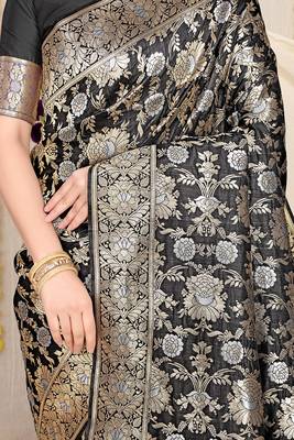 Black banarasi silk blend saree with rich gold zari floral weaving 4